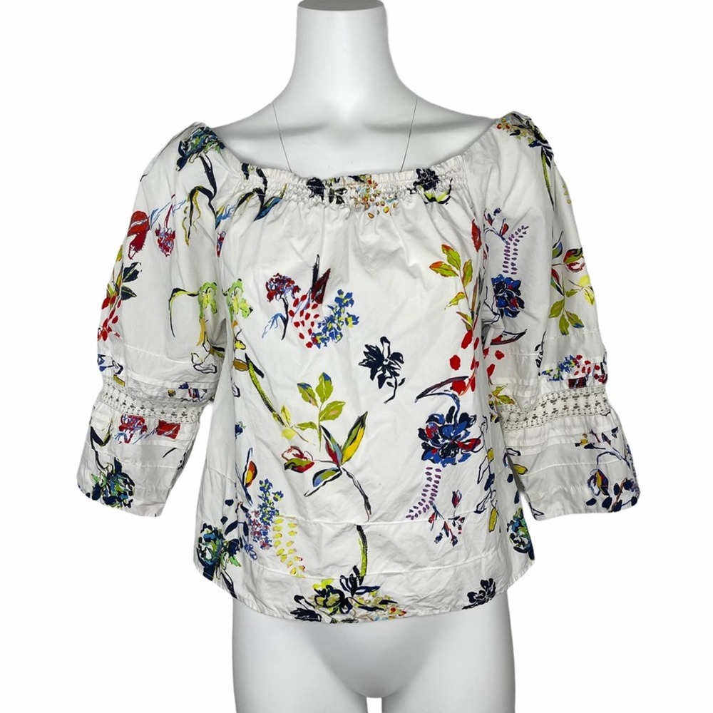 Tanya Taylor White Cotton Floral Top Shirt Crochet